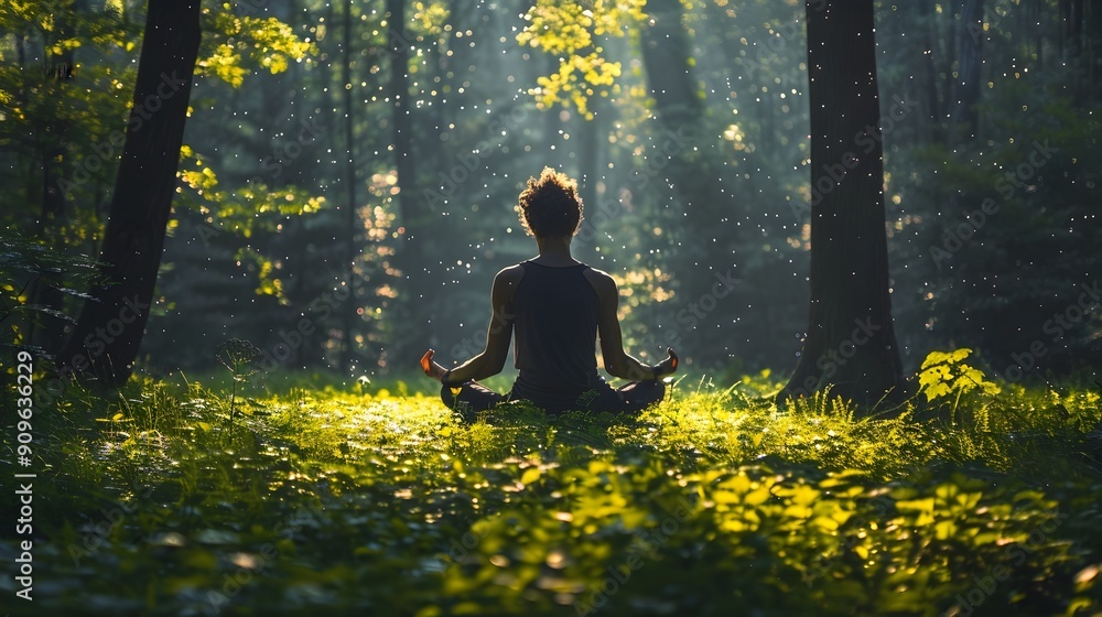 A Serene Meditating Figure Surrounded by Lush Woodland Scenery with Dappled Sunlight A Serene Meditating Figure Surrounded by Lush Woodland Scenery with Dappled Sunlight