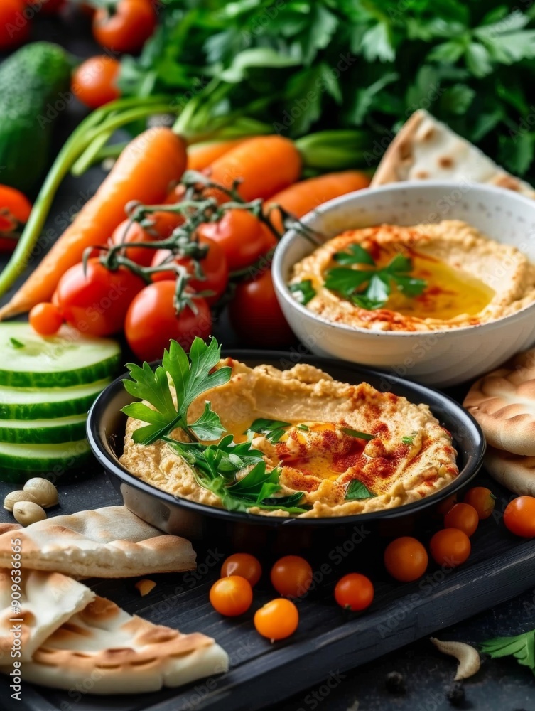 A hummus platter featuring pita bread and fresh vegetables A hummus platter featuring pita bread and fresh vegetables