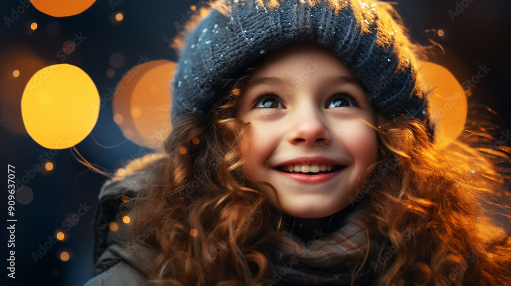 Close up portrait of cute girl looking at festive fireworks outdoor Close up portrait of cute girl looking at festive fireworks outdoor