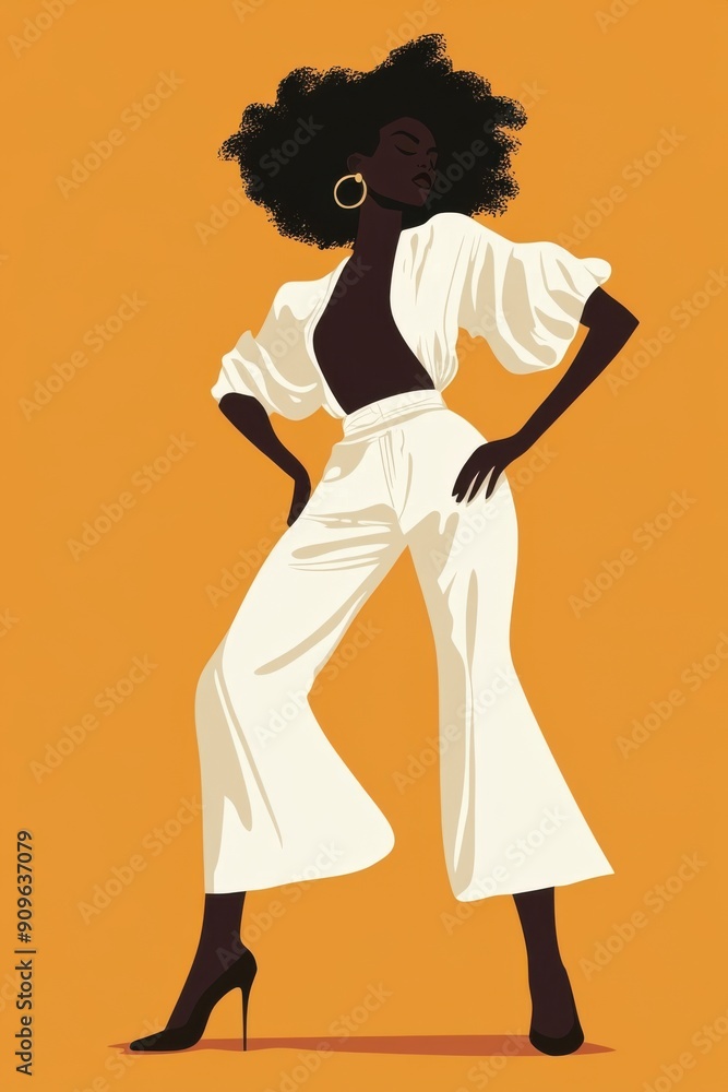 Minimalism illustration, a Black woman, wearing a sculptural outfit with voluminous elements and abstract shapes, posed with one leg raised and arms slightly open, avant-garde fashion, boho Minimalism illustration, a Black woman, wearing a sculptural outfit with voluminous elements and abstract shapes, posed with one leg raised and arms slightly open, avant-garde fashion, boho