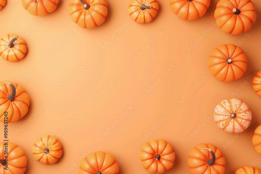 Outlined pumpkins in each corner of a frame on a light orange background Outlined pumpkins in each corner of a frame on a light orange background
