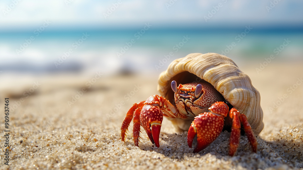 Red hermit crab clutches seashell home on white sandy beach Red hermit crab clutches seashell home on white sandy beach