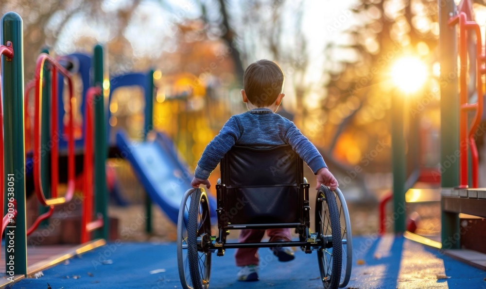 Obraz premium A child in a wheelchair enjoys a sunny day at the playground. AI.