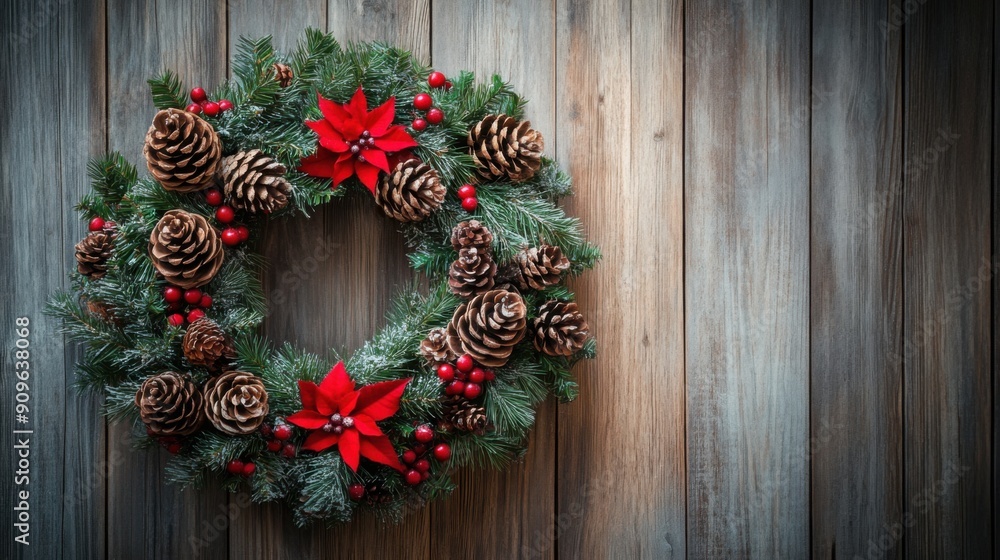 Festive Christmas Wreath with Pine Cones and Berries on Wooden Background Illuminated by Cozy Warm Light Festive Christmas Wreath with Pine Cones and Berries on Wooden Background Illuminated by Cozy Warm Light