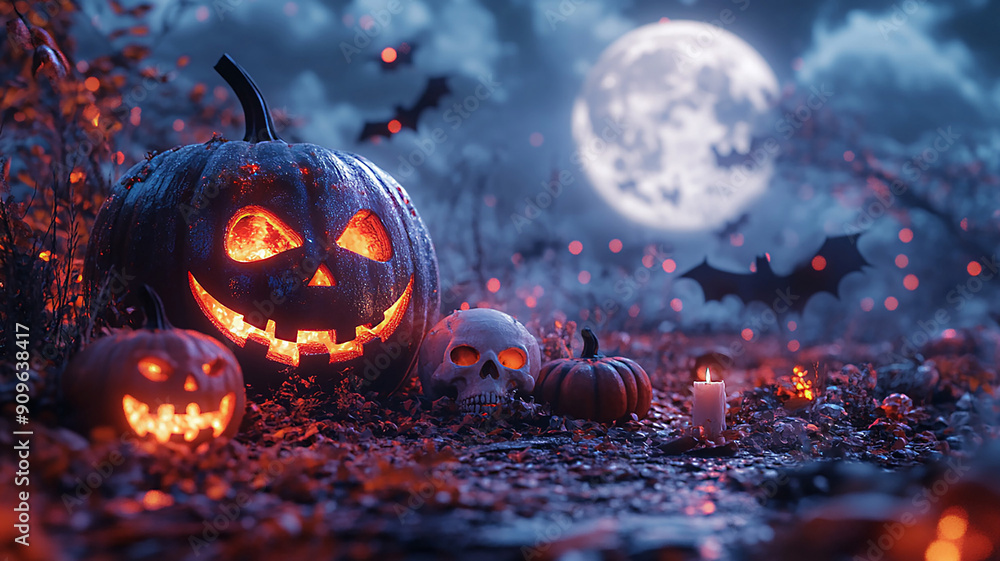Halloween setup featuring glowing pumpkins, bats, skull candle, and spooky decorations on a moon backdrop, realistic 3D plastic Halloween setup featuring glowing pumpkins, bats, skull candle, and spooky decorations on a moon backdrop, realistic 3D plastic