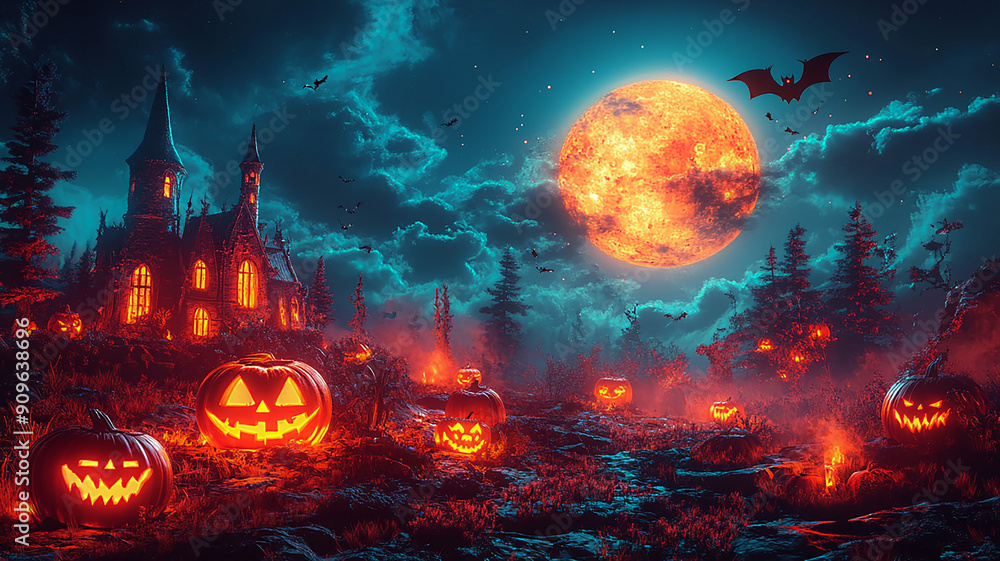 Halloween night with illuminated pumpkins, bats, skull candle, and spooky decor on a moon backdrop, 3D plastic style Halloween night with illuminated pumpkins, bats, skull candle, and spooky decor on a moon backdrop, 3D plastic style