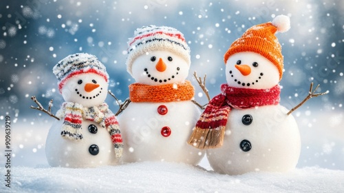 Cheerful Snowman Family with Carrot Noses and Scarves in Winter Wonderland Scene