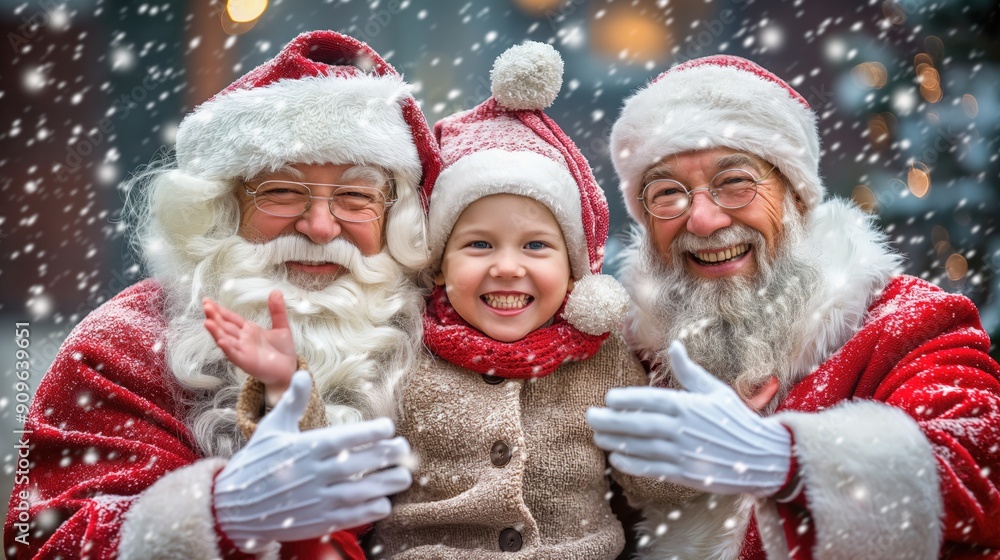 A cheerful child smiles widely while being embraced by two Santa Claus figures in a snowy setting, capturing the festive spirit of the holiday season A cheerful child smiles widely while being embraced by two Santa Claus figures in a snowy setting, capturing the festive spirit of the holiday season