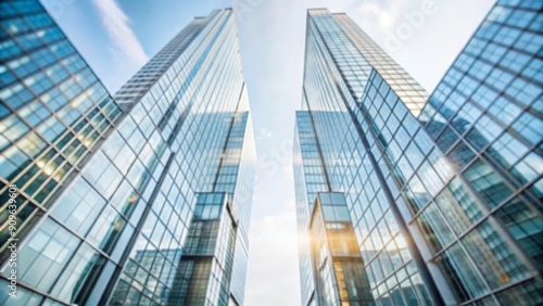 Dynamic view of glass towers from street level 