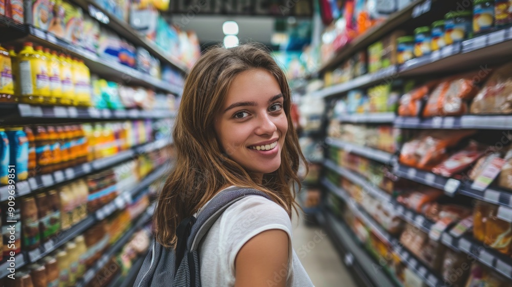 A young woman with long hair smiles while walking through a grocery store aisle filled with various food and household products during daylight A young woman with long hair smiles while walking through a grocery store aisle filled with various food and household products during daylight