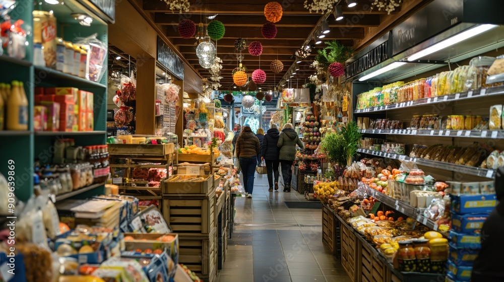 Shoppers wander through a lively market aisle lined with colorful produce, snacks, and local goods, creating a bustling atmosphere in the early evening light Shoppers wander through a lively market aisle lined with colorful produce, snacks, and local goods, creating a bustling atmosphere in the early evening light