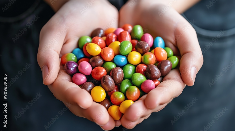 A pair of hands cradles a vibrant assortment of candies in a variety of colors, showcasing a joyful display perfect for sharing during a festive occasion A pair of hands cradles a vibrant assortment of candies in a variety of colors, showcasing a joyful display perfect for sharing during a festive occasion