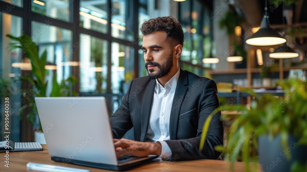 A professional man is focused on his laptop in a contemporary office setting, surrounded by greenery and natural light streaming through large windows A professional man is focused on his laptop in a contemporary office setting, surrounded by greenery and natural light streaming through large windows