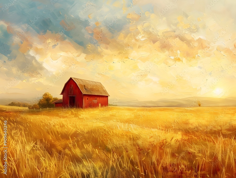 Peaceful Pastoral Farmscape at Golden Hour Oil Painting Style Scenic Landscape Peaceful Pastoral Farmscape at Golden Hour Oil Painting Style Scenic Landscape