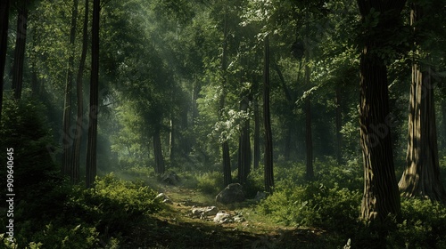 Sunlight streams through the dense canopy of a forest  illuminating a path that winds through the trees
