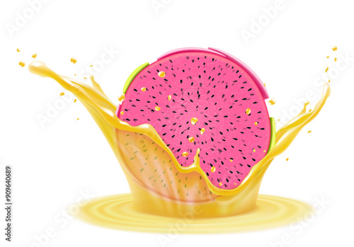 Fresh ripe dragon fruit falls into splash of juice. Pitaya smoothie splash and drops, Refreshing splash of vitamin cocktail with pitahaya, isolated realistic 3d vector illustration