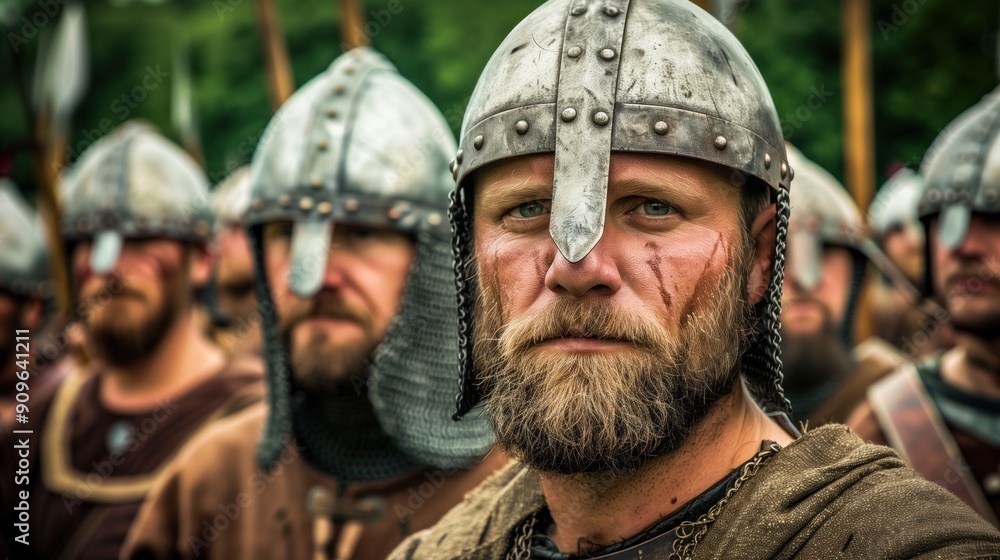 A group of warriors in metal helmets and rugged clothing stand together, focused and ready for action, as the early morning light begins to illuminate their surroundings A group of warriors in metal helmets and rugged clothing stand together, focused and ready for action, as the early morning light begins to illuminate their surroundings
