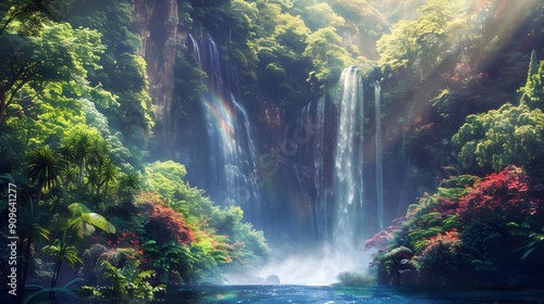 Mystical Jungle Waterfall in Glowing Mist and Rainbow Hues Oil Painting Inspired Visualization