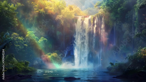 Mystical Waterfall Cascading Through Lush Jungle Landscape in Vibrant Oil Painting Style