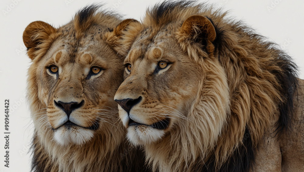 The image shows two lions, both with thick manes, looking directly at the viewer. The image shows two lions, both with thick manes, looking directly at the viewer.