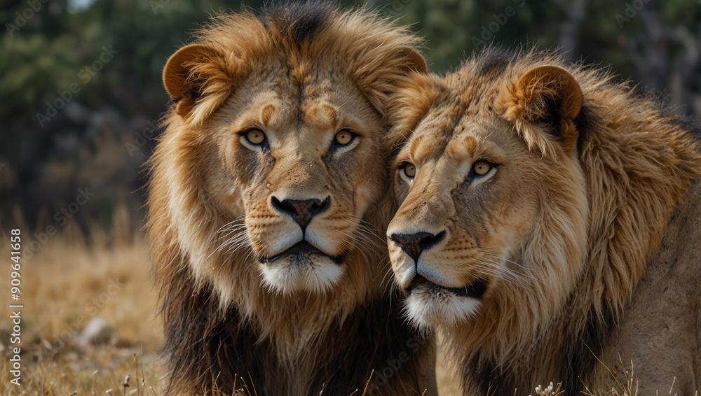 The image shows two lions, both with thick manes, looking directly at the viewer. The image shows two lions, both with thick manes, looking directly at the viewer.