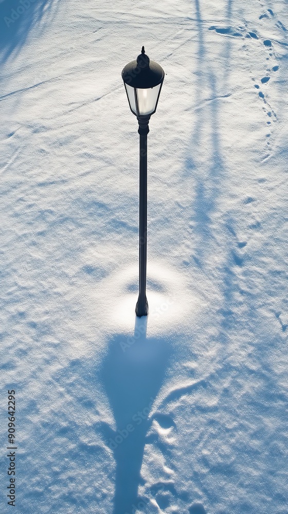 Street lamp casting a shadow on snow covered ground, winter solitude concept Street lamp casting a shadow on snow covered ground, winter solitude concept