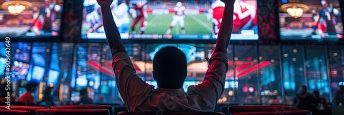 Sports betting concept with man watching game, statistics and competition in casino setting