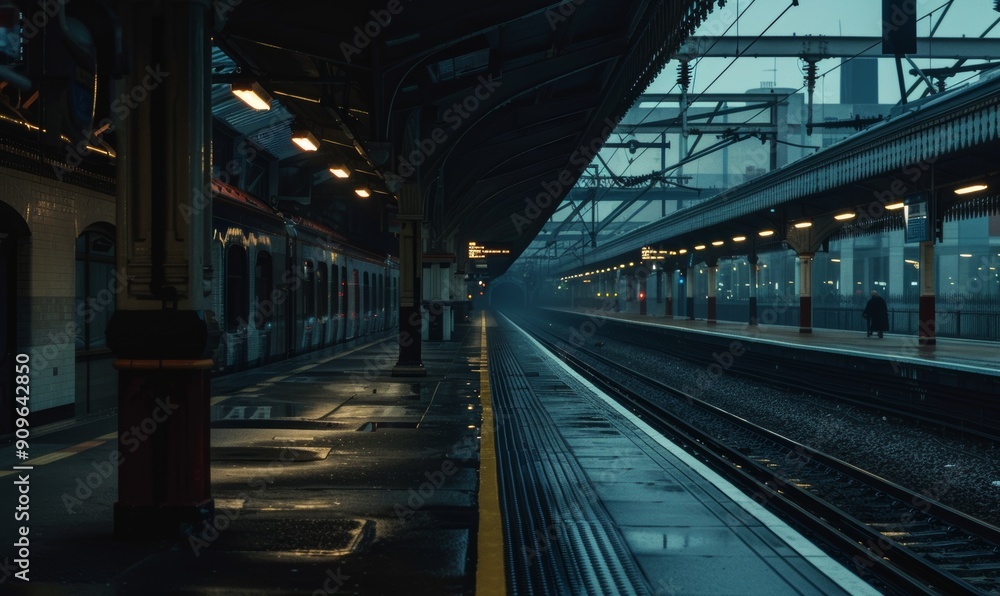 cinematic still of an empty train station platform at night, enveloped in fog and dark blue hues, creating a moody and atmospheric ambiance cinematic still of an empty train station platform at night, enveloped in fog and dark blue hues, creating a moody and atmospheric ambiance