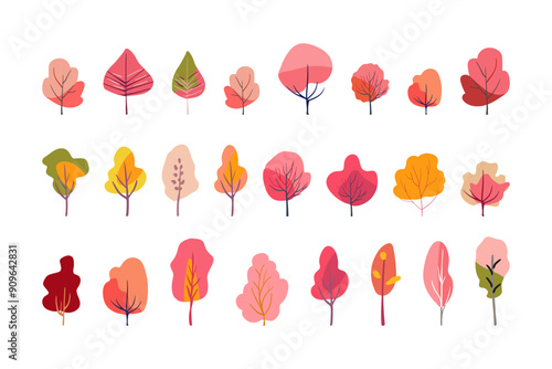 Autumn set trees folk. Pink and red plants. Orange and yellow tree crowns on a white background. Hand drawn. Isolated Flat vector