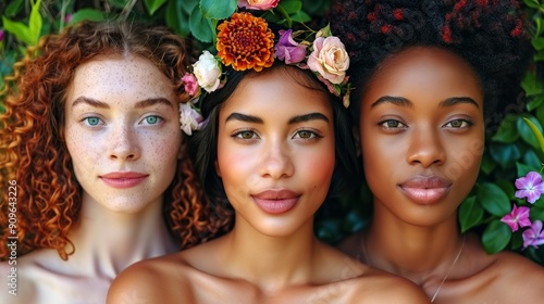 Three Women With Flower Crowns Posing Amidst Lush Greenery in Bright Natural Light