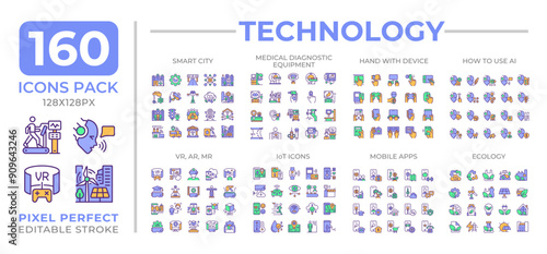 Technology colorful icons set collection. Smart city IoT. Clean energy. VR, AI. Hand device mobile apps mega pack of flat line symbols, pixel perfect. Isolated vector illustrations. Editable stroke