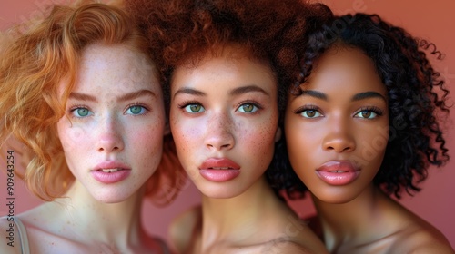 Three Young Women With Diverse Hair Textures Posing Together in Natural Light Against a Warm Background