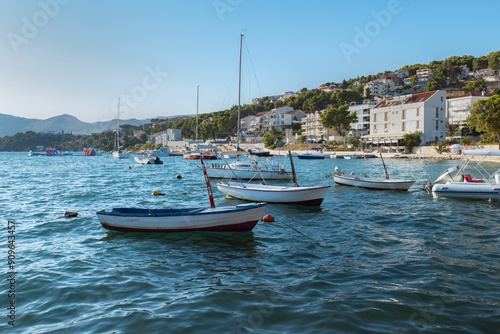 Landscape view of Mediterranean coast with blue water and clear sky Trogir, Croatia 