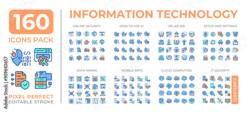 Information technology colorful icons set collection. Cyber security. Data mining. Cloud computing. AI, IT mega pack of flat line symbols, pixel perfect. Isolated vector illustrations. Editable stroke