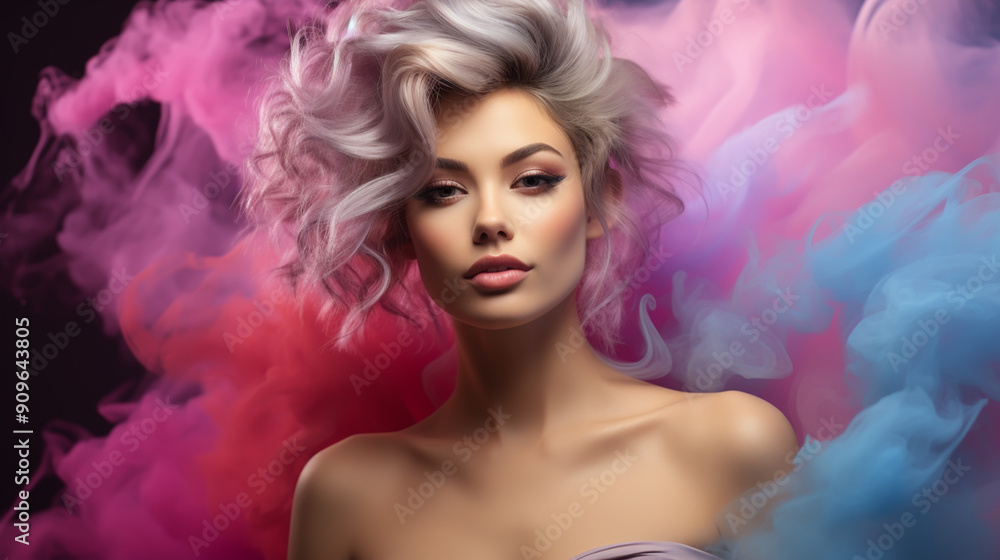 Passioned. Portrait of female fashion model in neon light on dark studio background with smoke. Passioned. Portrait of female fashion model in neon light on dark studio background with smoke.