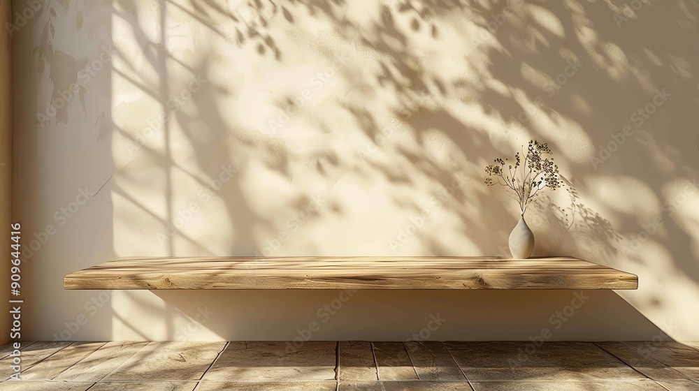 Minimalist wooden shelf with sunlight and shadows, perfect for product display or design mockups. Minimalist wooden shelf with sunlight and shadows, perfect for product display or design mockups.