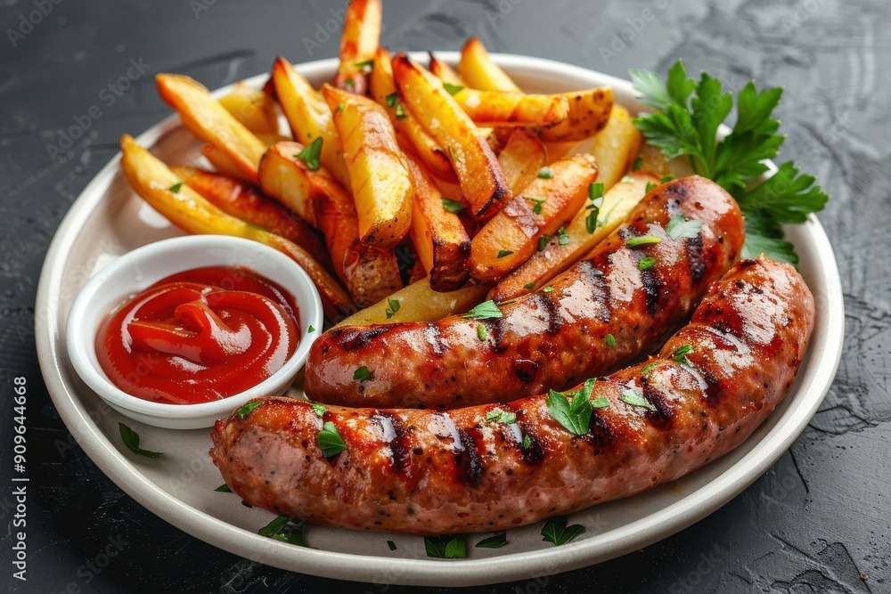 A plate of hot dogs and french fries with a side of ketchup A plate of hot dogs and french fries with a side of ketchup