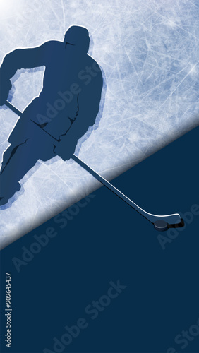 Ice hockey vertical banner with moving player silhouette and realistic rink on dark blue background. Copy space. Vector picture for professional competition illustration, sport design, printing.