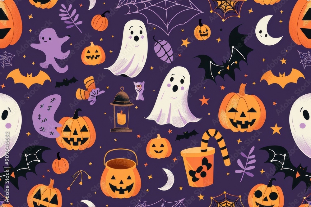 A Halloween themed background with ghosts, bats, and pumpkins