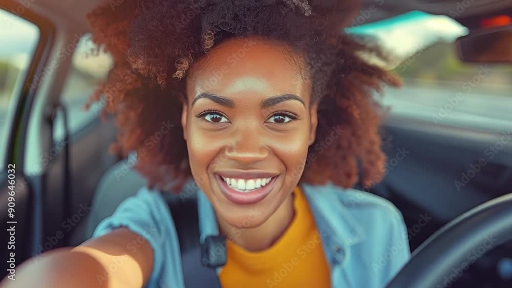 A happy woman with curly hair, sitting in the driver's seat of a vehicle, smiling broadly. A happy woman with curly hair, sitting in the driver's seat of a vehicle, smiling broadly.