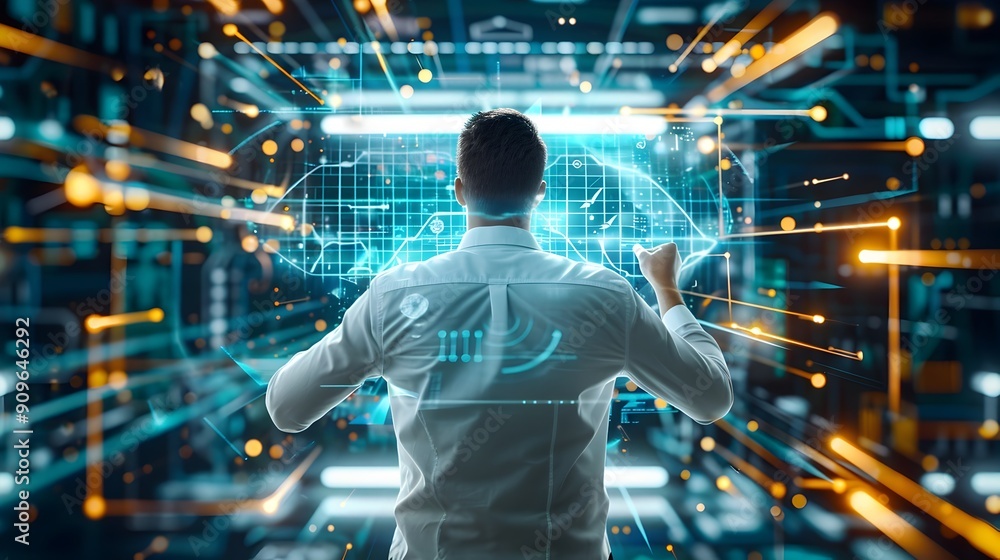 Businessman Interacting with Digital Interface. Businessman Interacting with Digital Interface.