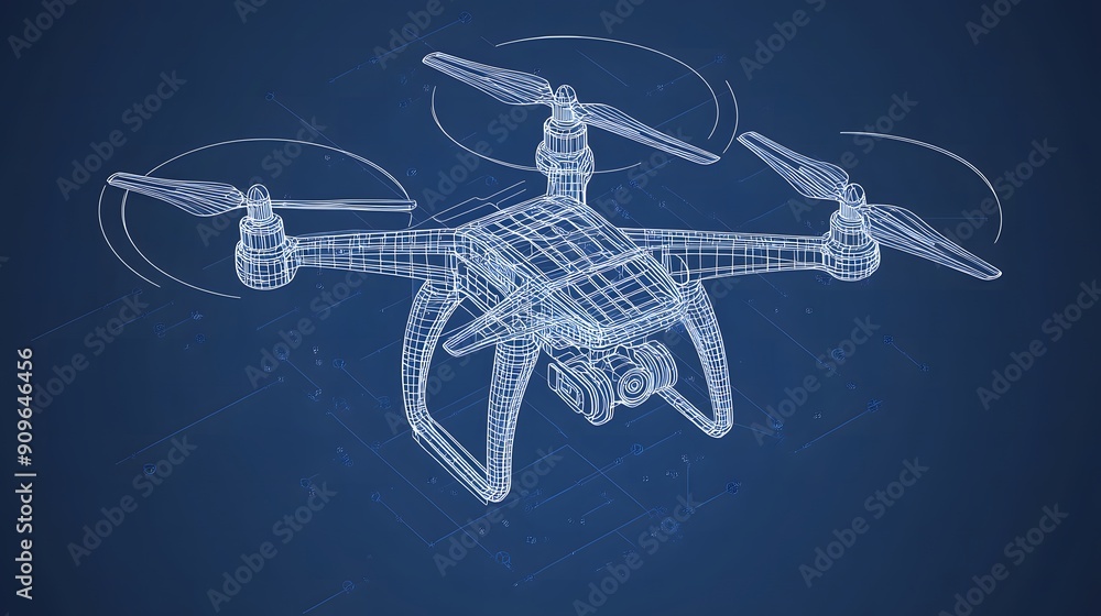 Blueprint-style vector line drawing of a quadcopter or drone, featuring a detailed wireframe representation that highlights its construction and technical specifications Blueprint-style vector line drawing of a quadcopter or drone, featuring a detailed wireframe representation that highlights its construction and technical specifications