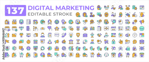 Digital marketing colorful icons big set. Feedback customer. Cyber security, delivery. AI ecommerce online shopping iconset color linear symbols. Vector isolated flat illustrations. Editable stroke
