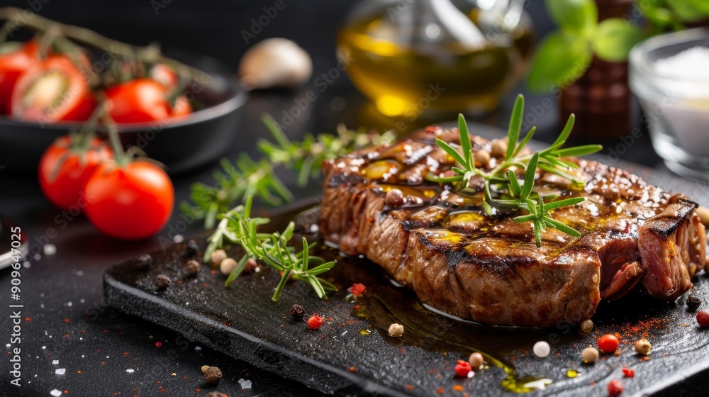 An artistic grilled dish drizzled with olive oil and garnished with oregano An artistic grilled dish drizzled with olive oil and garnished with oregano