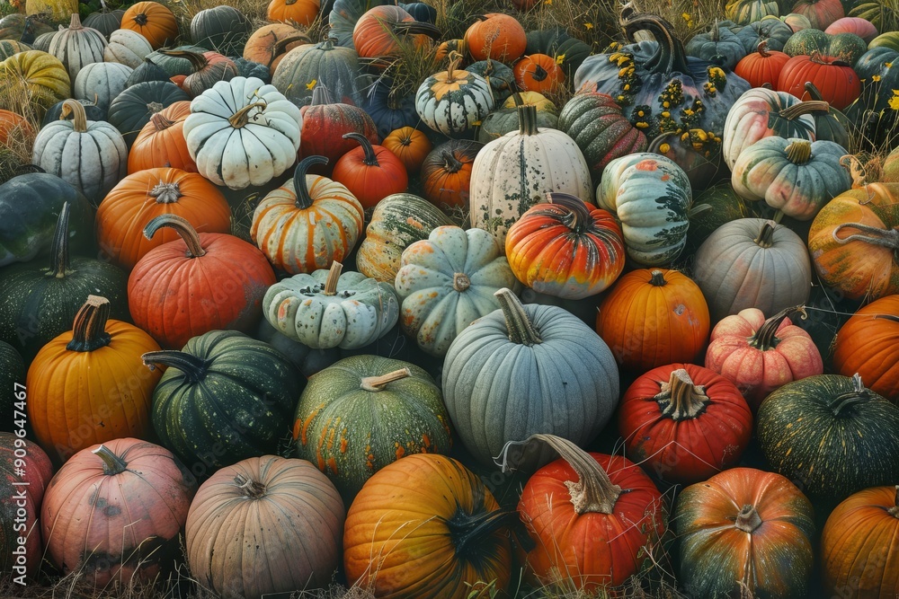 Harvest of orange pumpkin among green grass in a field. Concept of growing crops.
Harvest of orange pumpkin among green grass in a field. Concept of growing crops.