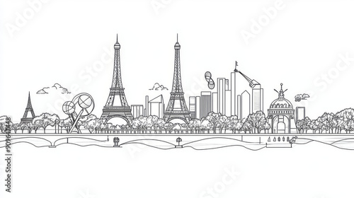 This image is a single continuous line drawing of the Paris 2024 Olympics. It includes the Eiffel Tower and Olympic sports symbols.