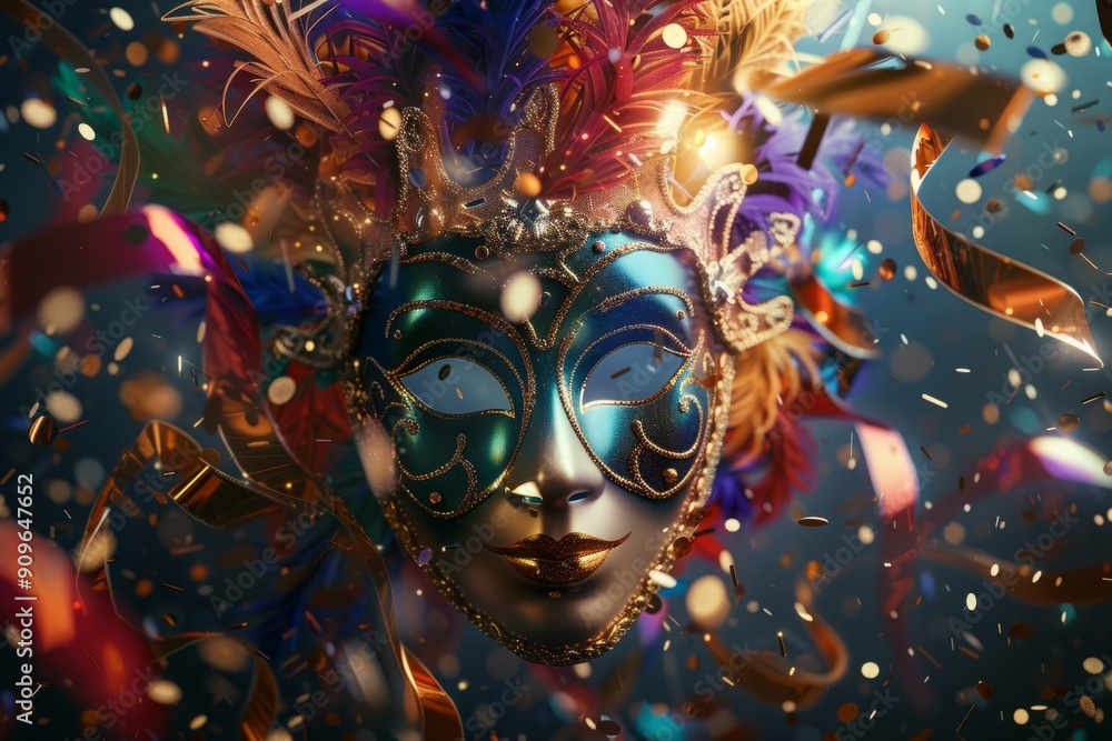 Bright multicolored carnival mask with vibrant feathers and festive confetti. Digital art representation of celebration and mystery. Perfect for holiday or carnival-themed content. Generative AI Bright multicolored carnival mask with vibrant feathers and festive confetti. Digital art representation of celebration and mystery. Perfect for holiday or carnival-themed content. Generative AI