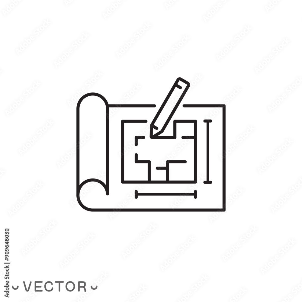 plan floor icon, project, blueprint architecture, house construction thin line symbol isolated on white background, editable stroke eps 10 vector illustration plan floor icon, project, blueprint architecture, house construction thin line symbol isolated on white background, editable stroke eps 10 vector illustration
