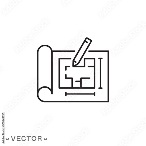 plan floor icon, project, blueprint architecture, house construction thin line symbol isolated on white background, editable stroke eps 10 vector illustration