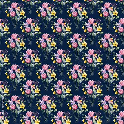 Wallpaper Mural Seamless background, floral pattern with watercolor flowers and leaves. Repeat fabric wallpaper print texture. Perfectly for wrapped paper, backdrop. Torontodigital.ca